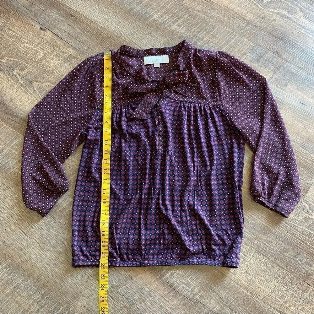 LOFT Blouse Bow Collar Top Preppy Navy Wine XS Relaxed Fit - Picture 8 of 10